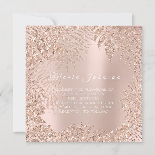 Tropical Leafs Glitter Garden Blush Rose Gold Invitation (Front)