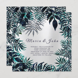 Tropical Leafs Glitter Garden Florals Teal Grey Invitation