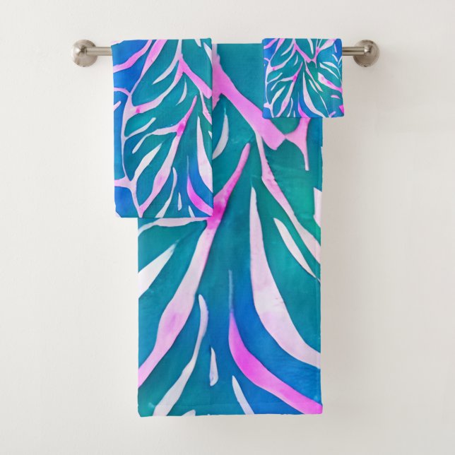 Tropical Leafy Blue Pink Pattern  Bath Towel Set (Insitu)