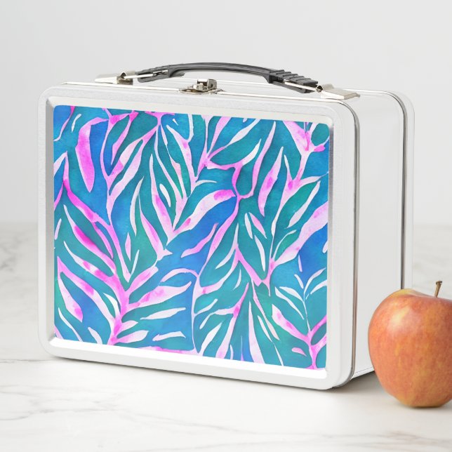 Tropical Leafy Blue Pink Pattern  Metal Lunch Box (In Situ)