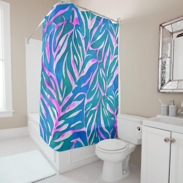 Tropical Leafy Blue Pink Pattern  Shower Curtain (In Situ)