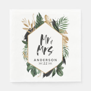 Tropical leafy Mr & Mrs wedding napkins