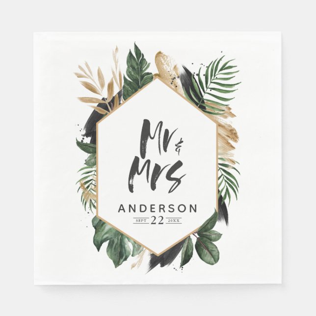 Tropical leafy Mr & Mrs wedding napkins (Front)
