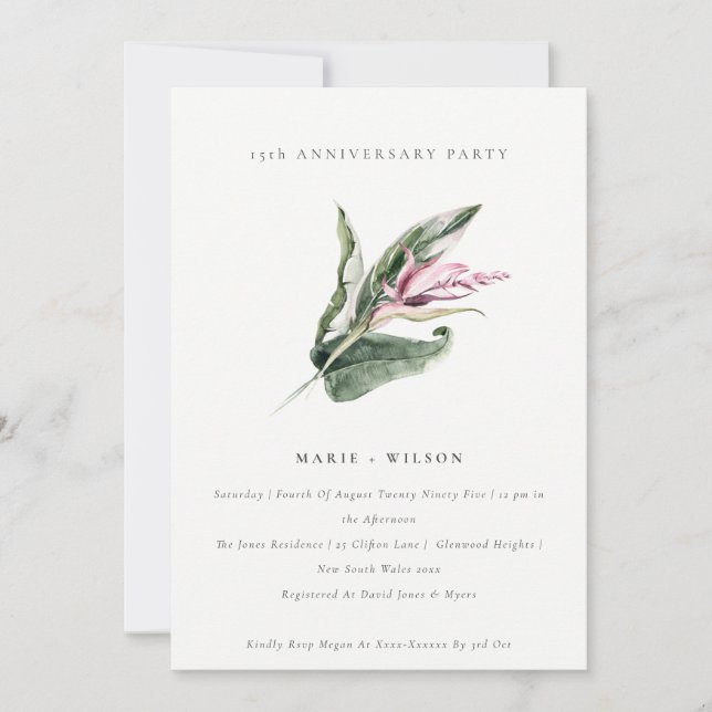 Tropical Leafy Pink Floral Any Year Anniversary Invitation (Front)