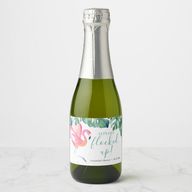 Tropical Leave Pink Flamingo Sparkling Wine Label (Front)