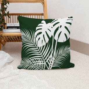 Tropical Leaves 1 White on Dark Green Cushion
