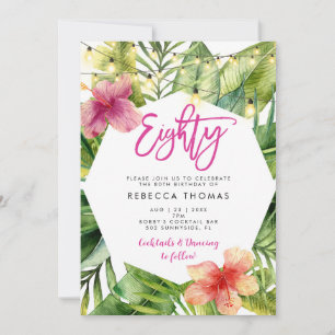 Tropical leaves 80th birthday party invitation