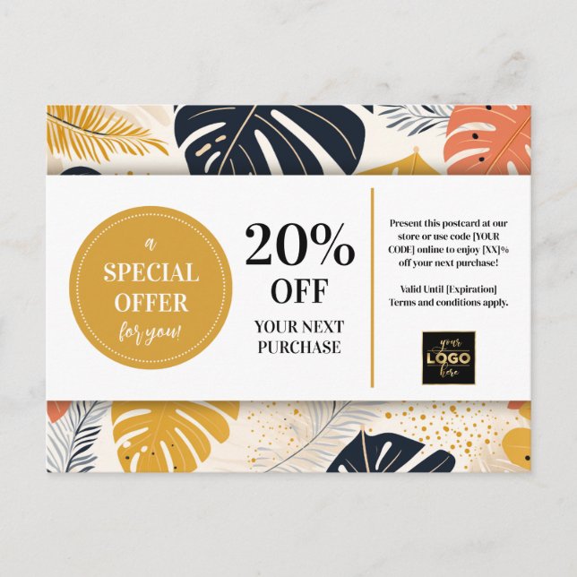 Tropical Leaves Abstract Coupon Discount Postcard (Front)
