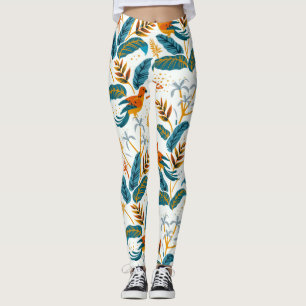 Tropical leaves and birds pattern leggings
