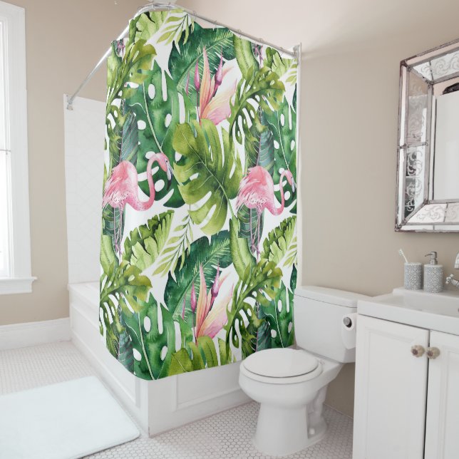 Tropical Leaves and Flamingos Shower Curtain (In Situ)