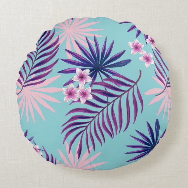 Tropical leaves and flowers 2 round cushion (Front)