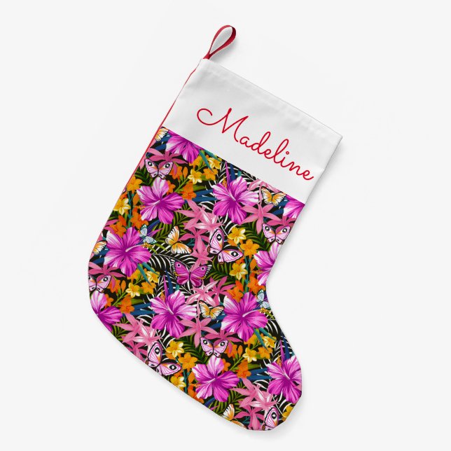 Tropical leaves and flowers | Add Your Name Small Christmas Stocking (Front (Hanging))