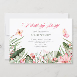 Tropical leaves and flowers birthday invitation