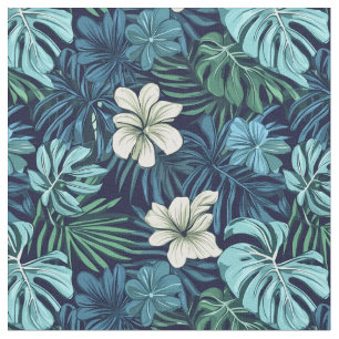 Tropical Leaves and Flowers Blue Green Fabric