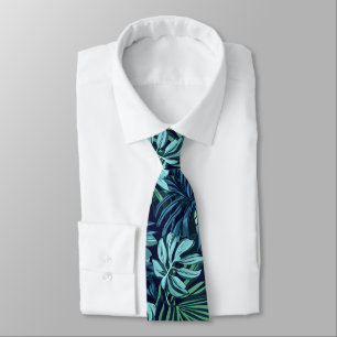 Tropical Leaves and Flowers Blue Green Tie