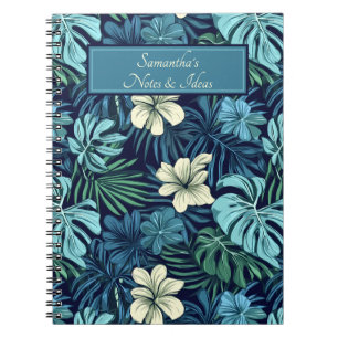 Tropical Leaves and Flowers Blue & White Notebook