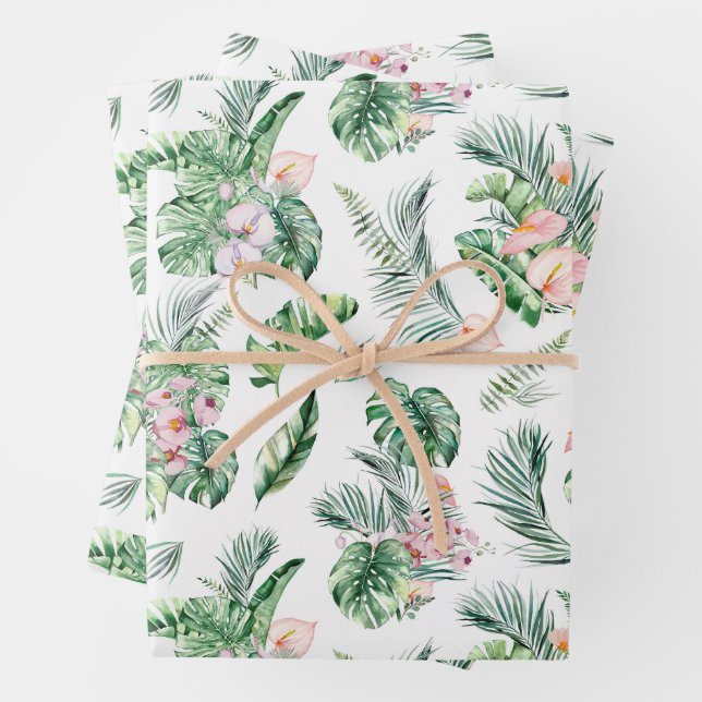 Tropical Leaves and Flowers Botanical   Wrapping Paper Sheet (In situ)