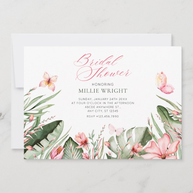 Tropical leaves and flowers bridal shower invitation (Front)