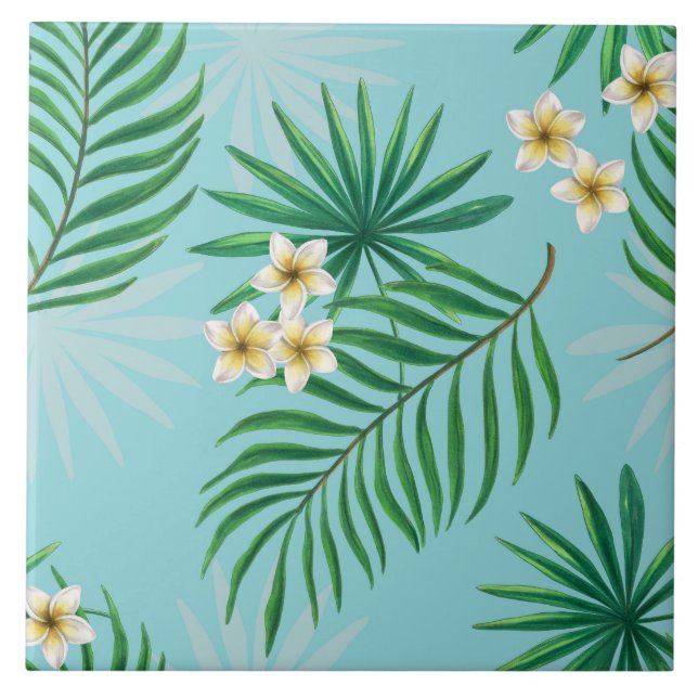 Tropical leaves and flowers ceramic tile (Front)