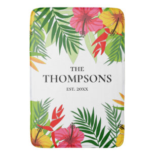 Tropical Leaves and Flowers Custom Last Name Bath Mat