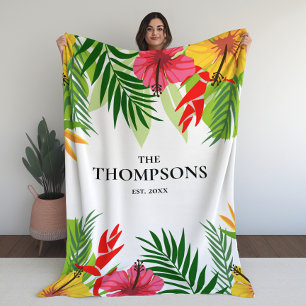 Tropical Leaves and Flowers Custom Last Name Fleece Blanket