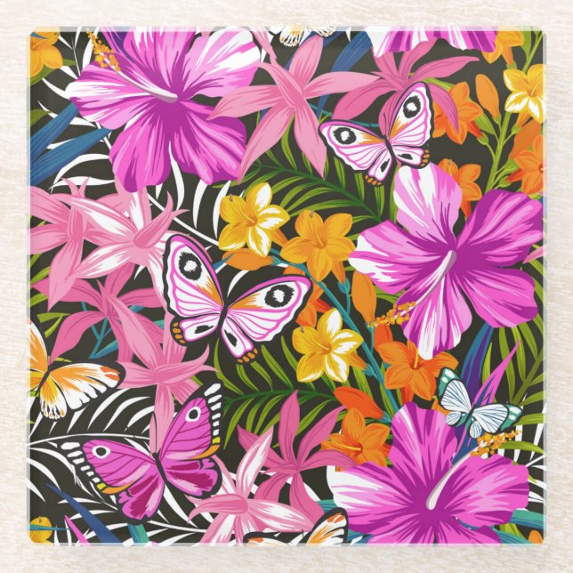 Tropical leaves and flowers glass coaster (Front)