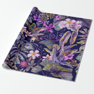 tropical leaves and flowers hand-drawn by watercol wrapping paper