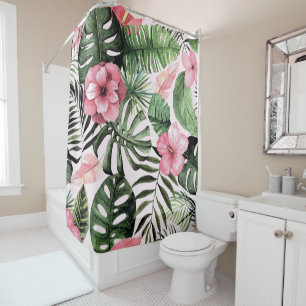 Tropical Leaves and Flowers in Pink Shower Curtain