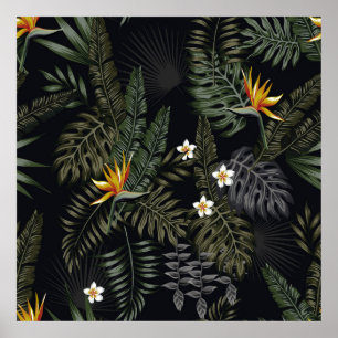 Tropical leaves and flowers in the night style. Se Poster