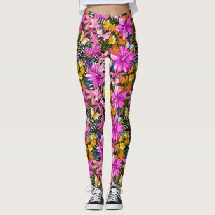 Tropical leaves and flowers leggings