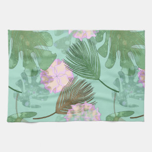 Tropical leaves and flowers on turquoise. tea towel