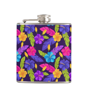 Tropical Leaves and Flowers Pattern-23857 Hip Flask