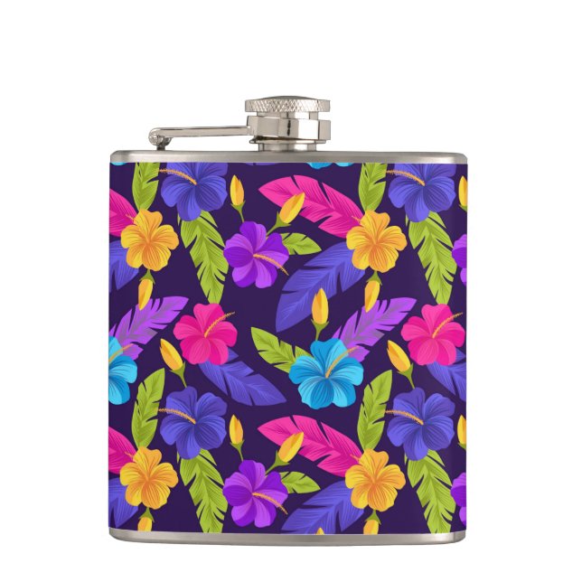 Tropical Leaves and Flowers Pattern-23857 Hip Flask (Front)