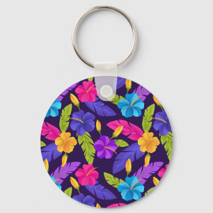 Tropical Leaves and Flowers Pattern-23857 Key Ring