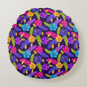 Tropical Leaves and Flowers Pattern-23857 Round Cushion