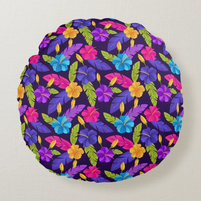 Tropical Leaves and Flowers Pattern-23857 Round Cushion (Front)