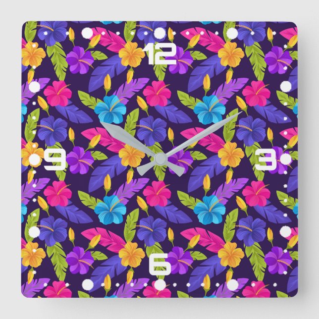 Tropical Leaves and Flowers Pattern-23857 Square Wall Clock (Front)