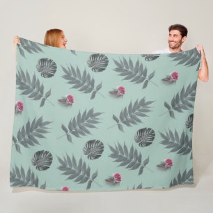 Tropical Leaves and Flowers Pattern Fleece Blanket