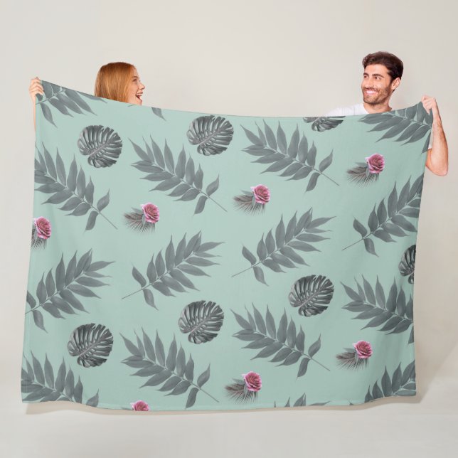 Tropical Leaves and Flowers Pattern Fleece Blanket (In Situ)