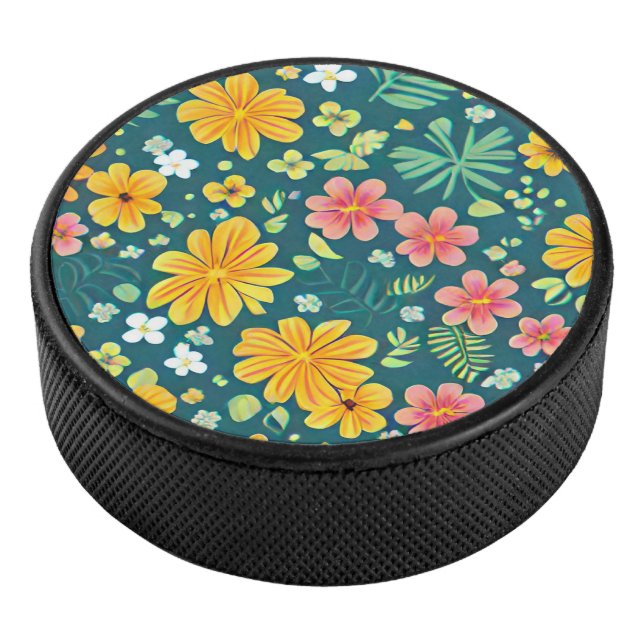 Tropical leaves and flowers pattern  hockey puck (3/4)