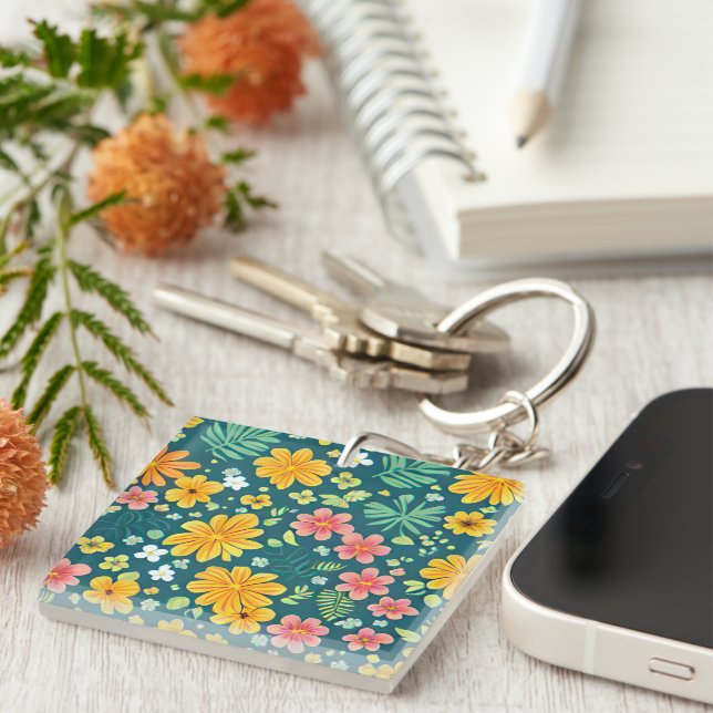 Tropical leaves and flowers pattern  key ring (Front Right)