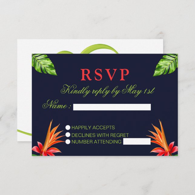 Tropical Leaves and Flowers Retro Wedding RSVP Card (Front/Back)