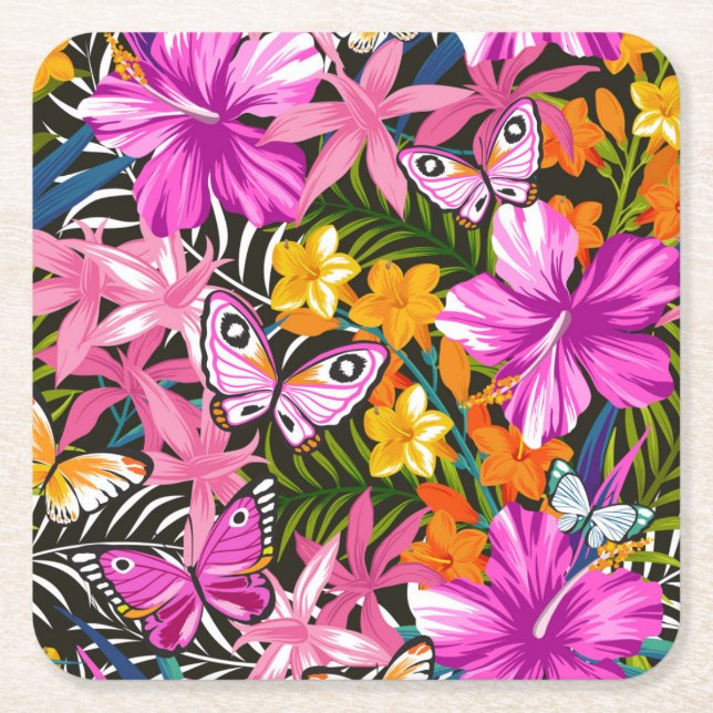 Tropical leaves and flowers square paper coaster (Front)