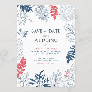 Tropical leaves and flowers wedding frame invitation