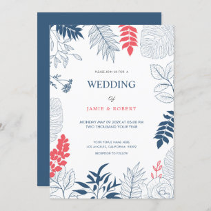 Tropical leaves and flowers wedding frame invitation