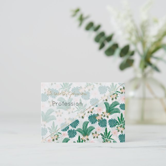 Tropical Leaves and Flowers White Pattern Business Card (Standing Front)
