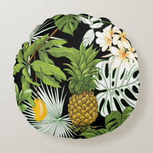 Tropical leaves and fruits seamless pattern round cushion