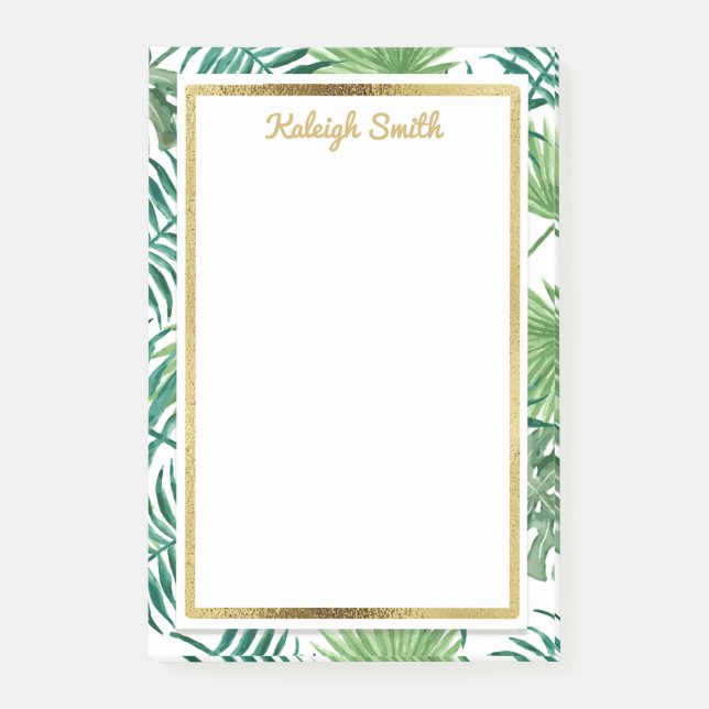 Tropical Leaves and Gold Personalised Post It Post-it Notes (Front)