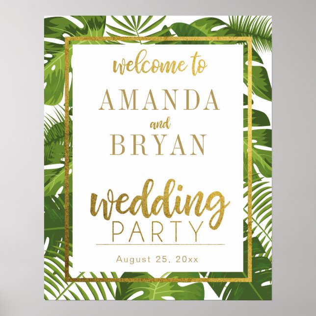 Tropical leaves and gold welcome wedding sign (Front)