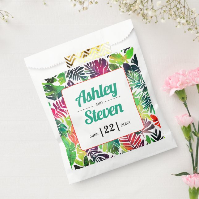 Tropical leaves and names maximalist wedding favour bag (Sealed)